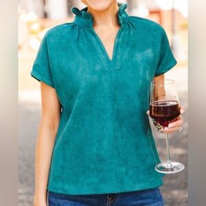 THML Teal Faux Suede Ruffle Neck Split Neck Short Sleeve Blouse M